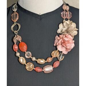 Vintage NY 2 Strand Multi Bead Light Pink 3D Flower Silver Tone Necklace